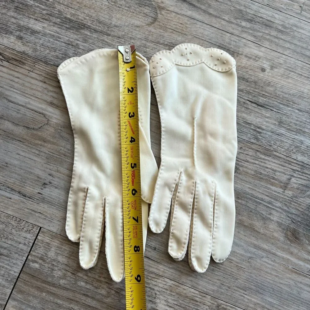 Vintage 60s White Gloves Beading Stitching Off White Cream Antique